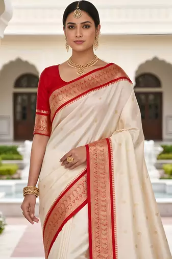 White soft silk blend saree with zari weaving meenakari design