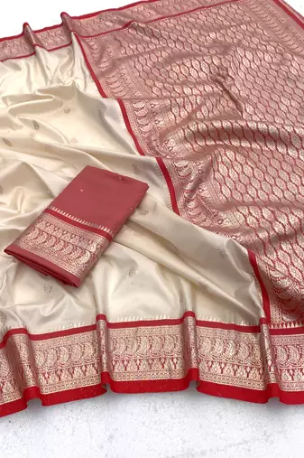 White soft silk blend saree with zari weaving meenakari design