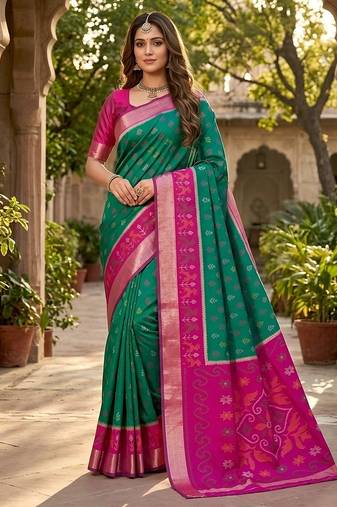 Sea green soft silk blend pochampalli saree with zari weaving meenakari design
