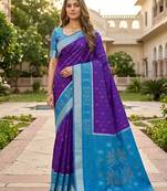 Purple soft silk blend pochampalli saree with zari weaving meenakari design