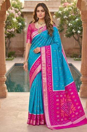 Sky blue soft silk blend pochampalli saree with zari weaving meenakari design