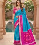 Sky blue soft silk blend pochampalli saree with zari weaving meenakari design