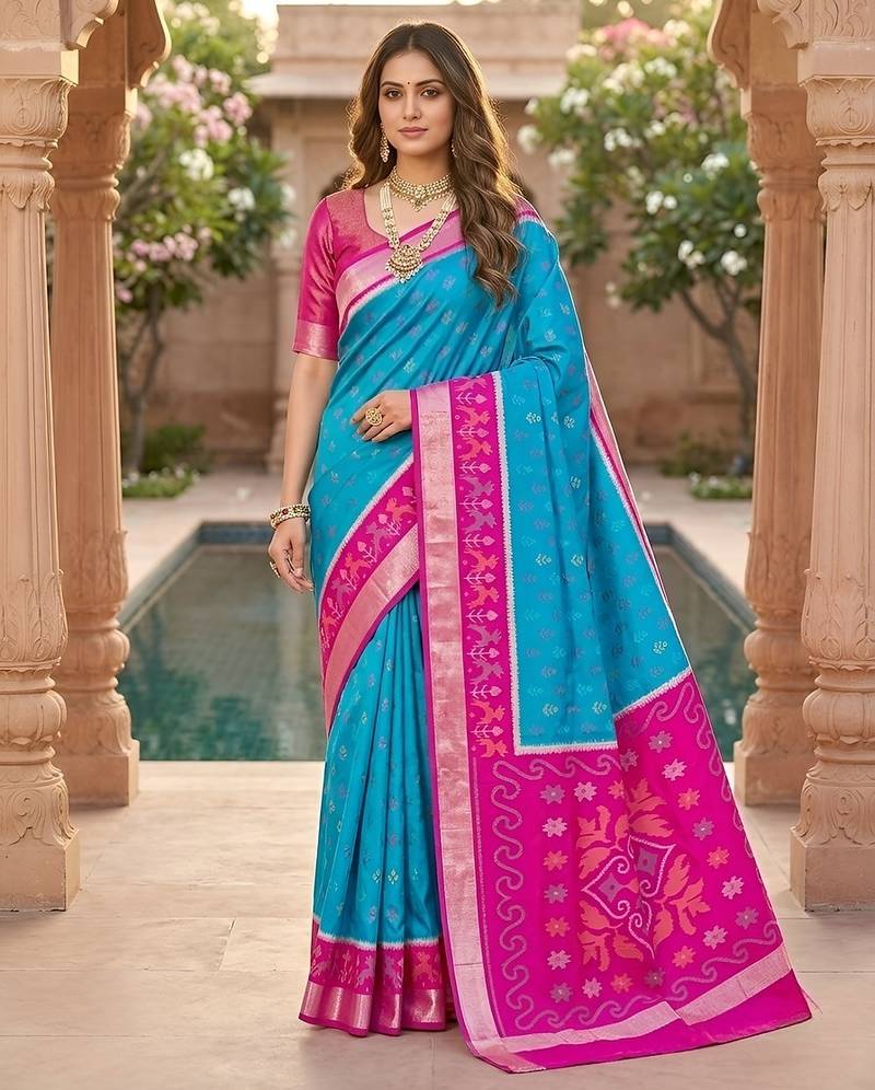 Sky blue soft silk blend pochampalli saree with zari weaving meenakari design
