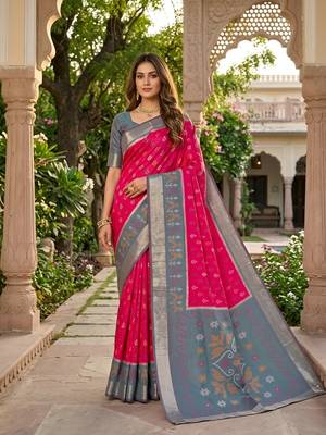 Pink soft silk blend pochampalli saree with zari weaving meenakari design 1