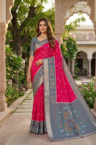 Pink soft silk blend pochampalli saree with zari weaving meenakari design