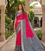 Pink soft silk blend pochampalli saree with zari weaving meenakari design