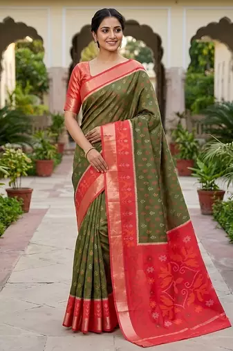 Green soft silk blend pochampalli saree with zari weaving meenakari design