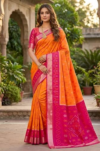 Orange soft silk blend pochampalli saree with zari weaving meenakari design