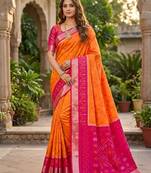 Orange soft silk blend pochampalli saree with zari weaving meenakari design