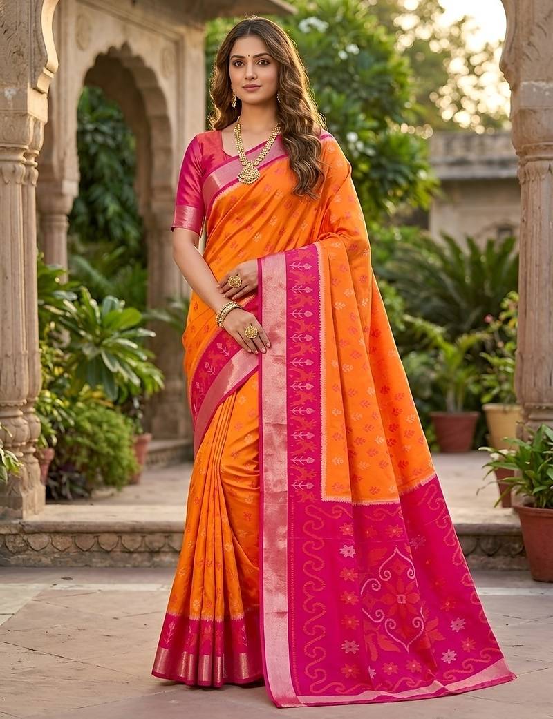 Orange soft silk blend pochampalli saree with zari weaving meenakari design