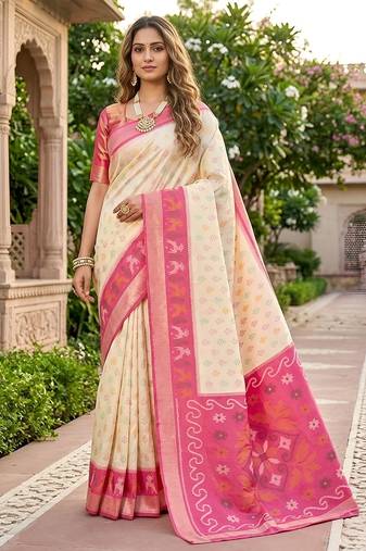 White soft silk blend pochampalli saree with zari weaving meenakari design