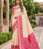 White soft silk blend pochampalli saree with zari weaving meenakari design