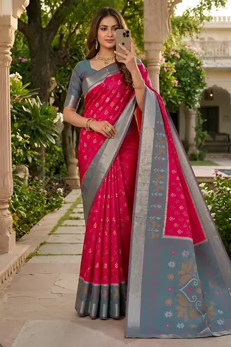 Pink soft silk blend pochampalli saree with zari weaving meenakari design
