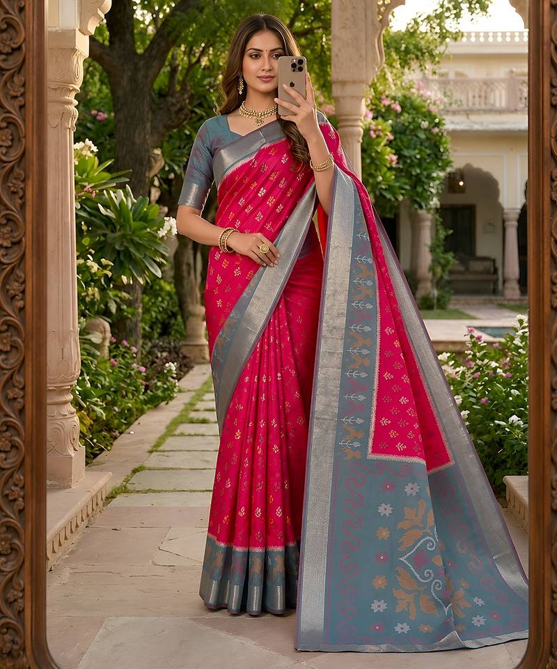 Pink soft silk blend pochampalli saree with zari weaving meenakari design