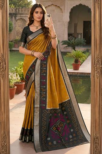 Golden soft silk blend pochampalli saree with zari weaving meenakari design