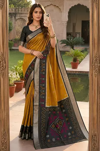 Golden soft silk blend pochampalli saree with zari weaving meenakari design