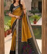 Golden soft silk blend pochampalli saree with zari weaving meenakari design