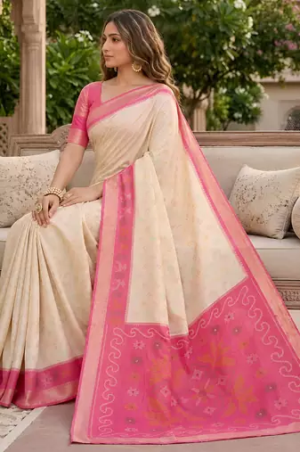White soft silk blend pochampalli saree with zari weaving meenakari design