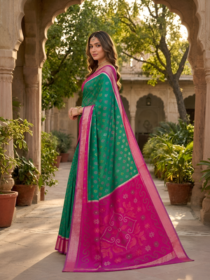Sea green soft silk blend pochampalli saree with zari weaving meenakari design 2