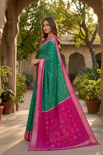 Sea green soft silk blend pochampalli saree with zari weaving meenakari design