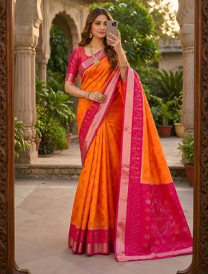 Orange soft silk blend pochampalli saree with zari weaving meenakari design 2