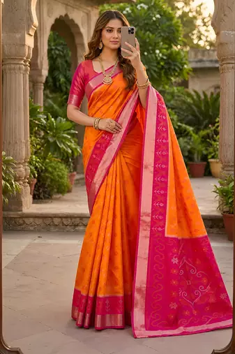 Orange soft silk blend pochampalli saree with zari weaving meenakari design