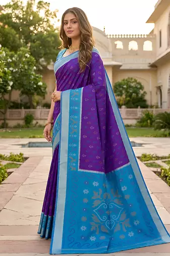 Purple soft silk blend pochampalli saree with zari weaving meenakari design