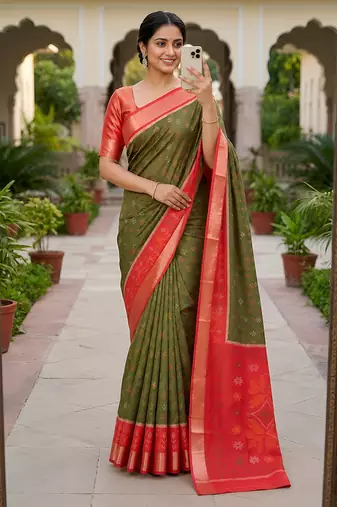 Green soft silk blend pochampalli saree with zari weaving meenakari design