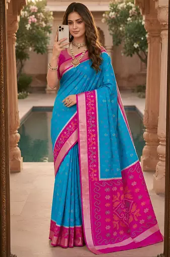 Sky blue soft silk blend pochampalli saree with zari weaving meenakari design