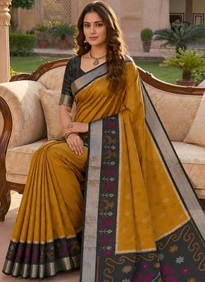 Golden soft silk blend pochampalli saree with zari weaving meenakari design 2