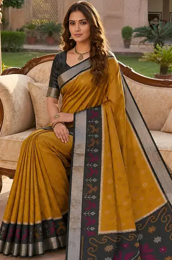 Golden soft silk blend pochampalli saree with zari weaving meenakari design