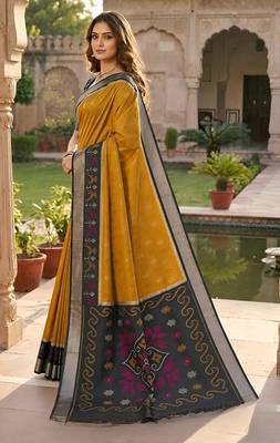 Golden soft silk blend pochampalli saree with zari weaving meenakari design 3