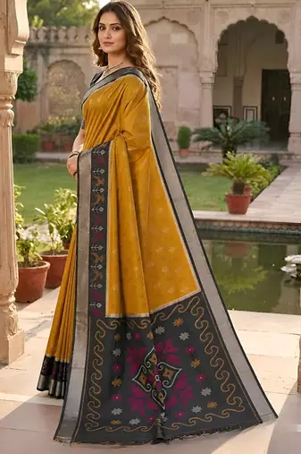 Golden soft silk blend pochampalli saree with zari weaving meenakari design