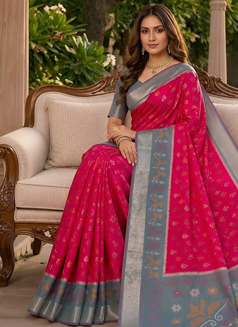 Pink soft silk blend pochampalli saree with zari weaving meenakari design