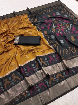 Golden soft silk blend pochampalli saree with zari weaving meenakari design 4