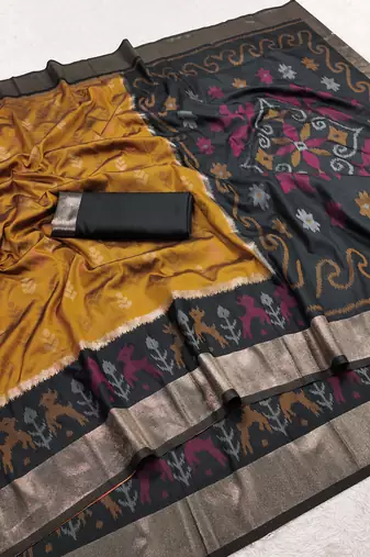 Golden soft silk blend pochampalli saree with zari weaving meenakari design