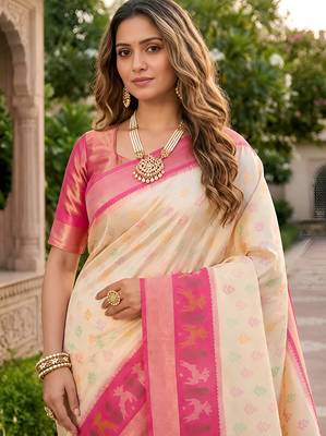 White soft silk blend pochampalli saree with zari weaving meenakari design 3