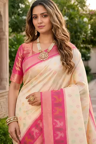 White soft silk blend pochampalli saree with zari weaving meenakari design