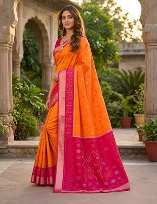Orange soft silk blend pochampalli saree with zari weaving meenakari design 3