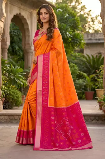 Orange soft silk blend pochampalli saree with zari weaving meenakari design