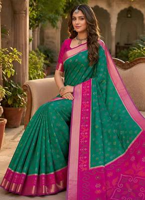 Sea green soft silk blend pochampalli saree with zari weaving meenakari design 3
