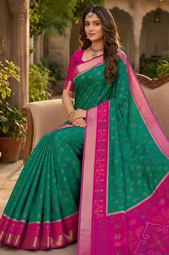 Sea green soft silk blend pochampalli saree with zari weaving meenakari design