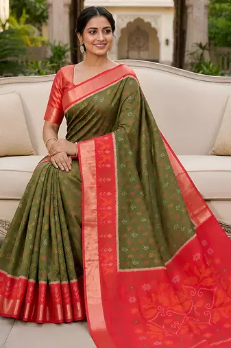 Green soft silk blend pochampalli saree with zari weaving meenakari design