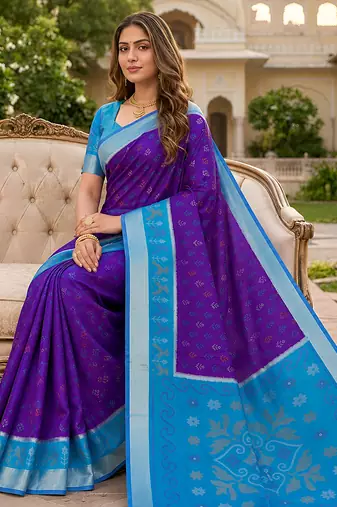 Purple soft silk blend pochampalli saree with zari weaving meenakari design