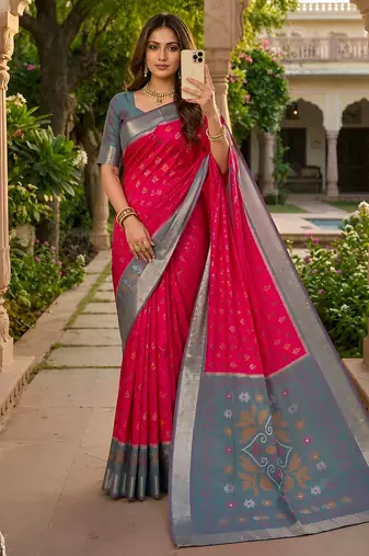 Pink soft silk blend pochampalli saree with zari weaving meenakari design