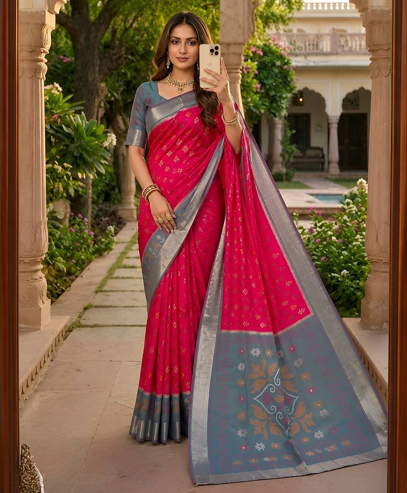 Pink soft silk blend pochampalli saree with zari weaving meenakari design