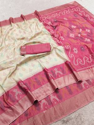 White soft silk blend pochampalli saree with zari weaving meenakari design 5