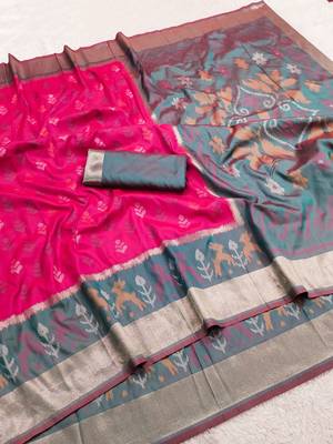 Pink soft silk blend pochampalli saree with zari weaving meenakari design 5