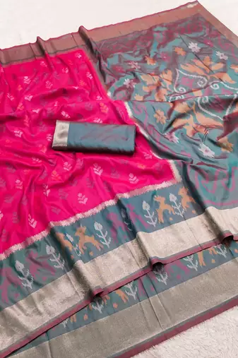 Pink soft silk blend pochampalli saree with zari weaving meenakari design