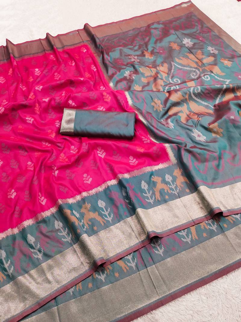 Pink soft silk blend pochampalli saree with zari weaving meenakari design